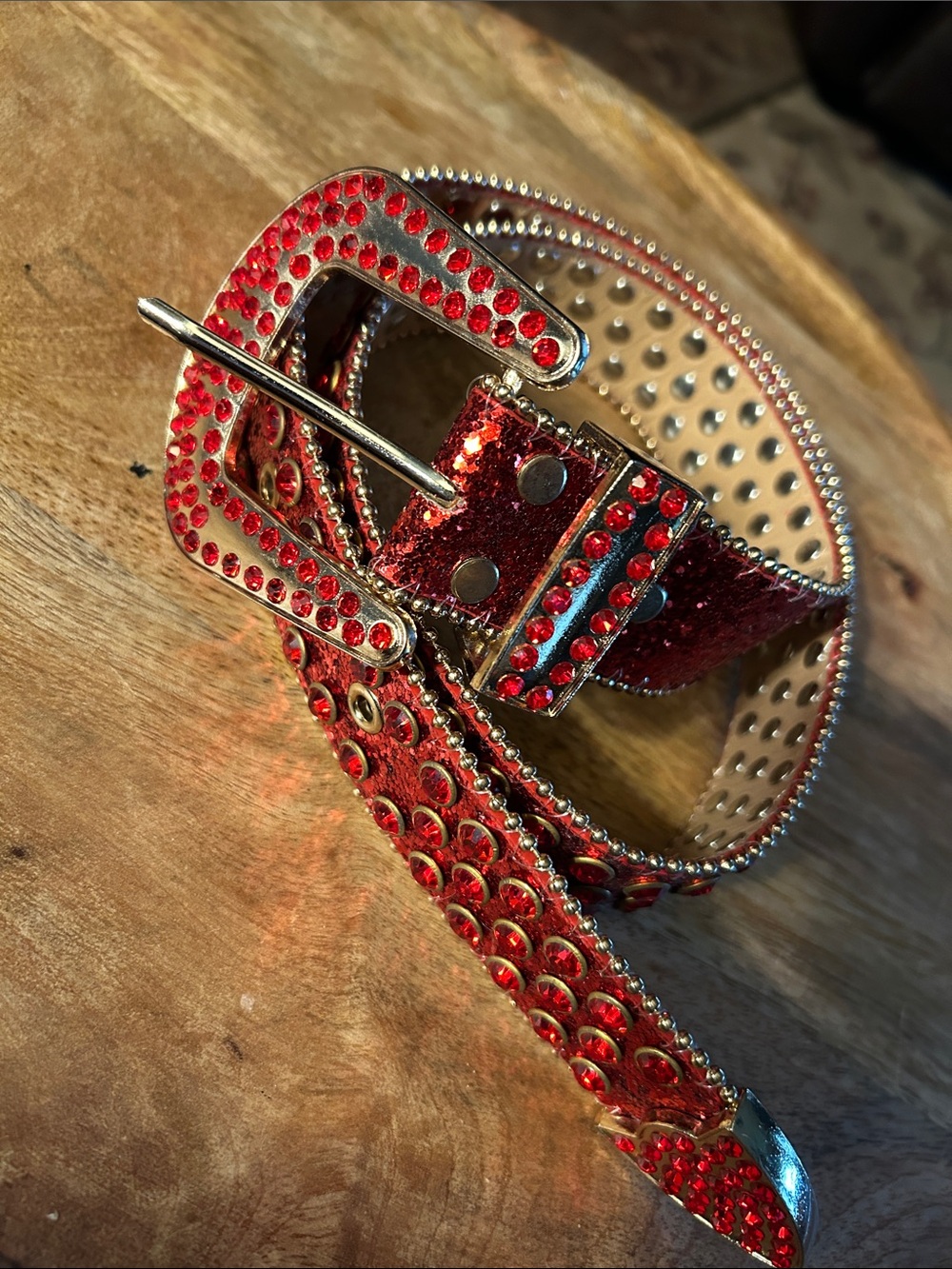Women's Red Crystal-Embellished Buckle Belt